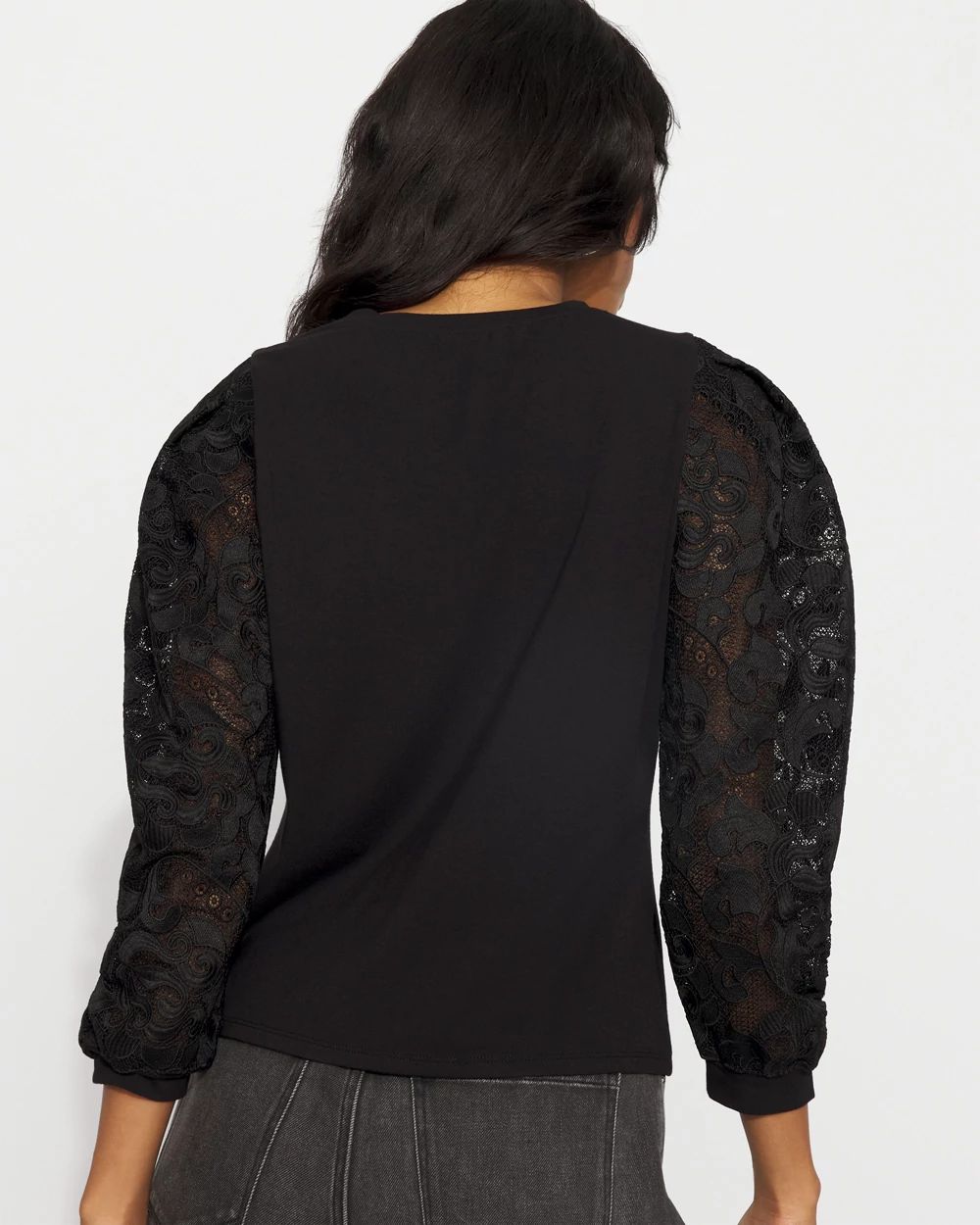 Pleated Lace Sleeve Crewneck Tee | White House Black Market